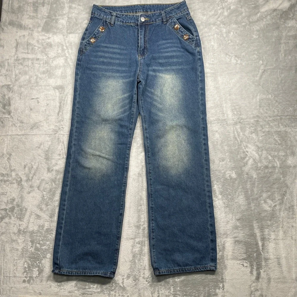 Composition Womens Blue Wash Denim Jeans Button Straight Leg High Rise Size M